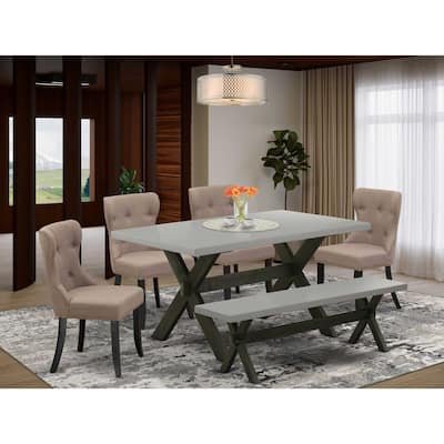 HomeStock 6-Piece Natural Oak Finish Solid Wood Top dining Table with 1-Bench and 4-Chairs