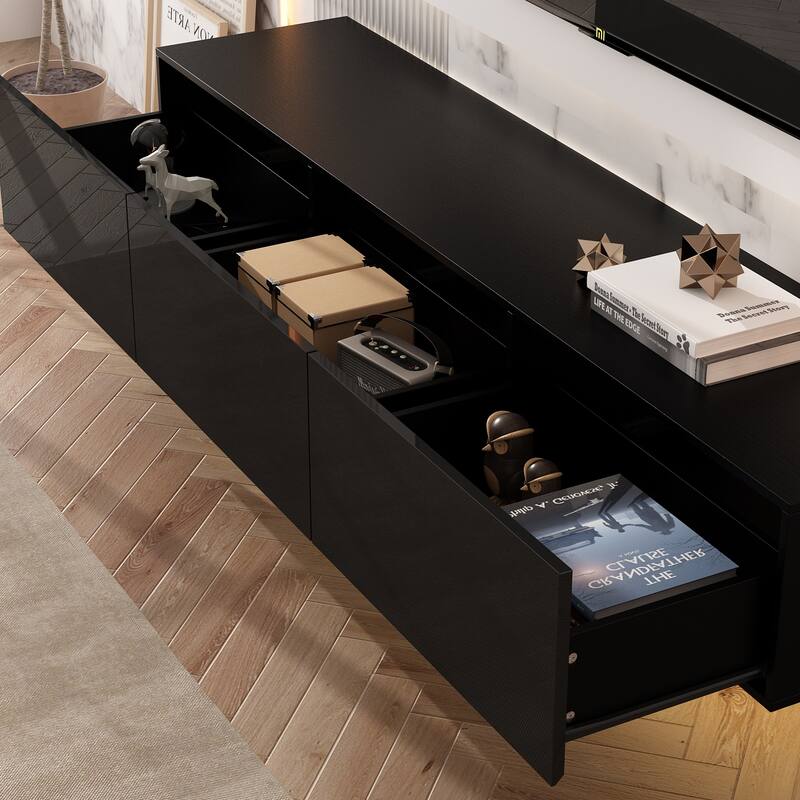 63" Floating Entertainment Center, Wall Mount LED TV Stand High Gloss
