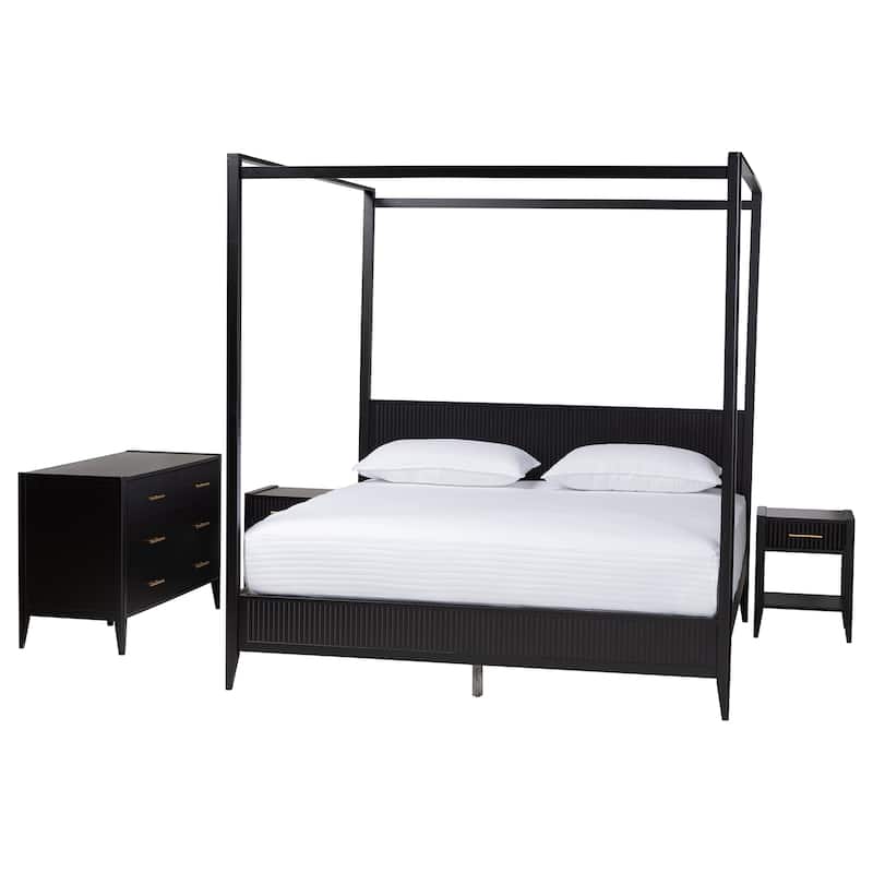 Primrose Mid-Century Fluted Wood 4-Piece Canopy Bedroom Set - Black - King