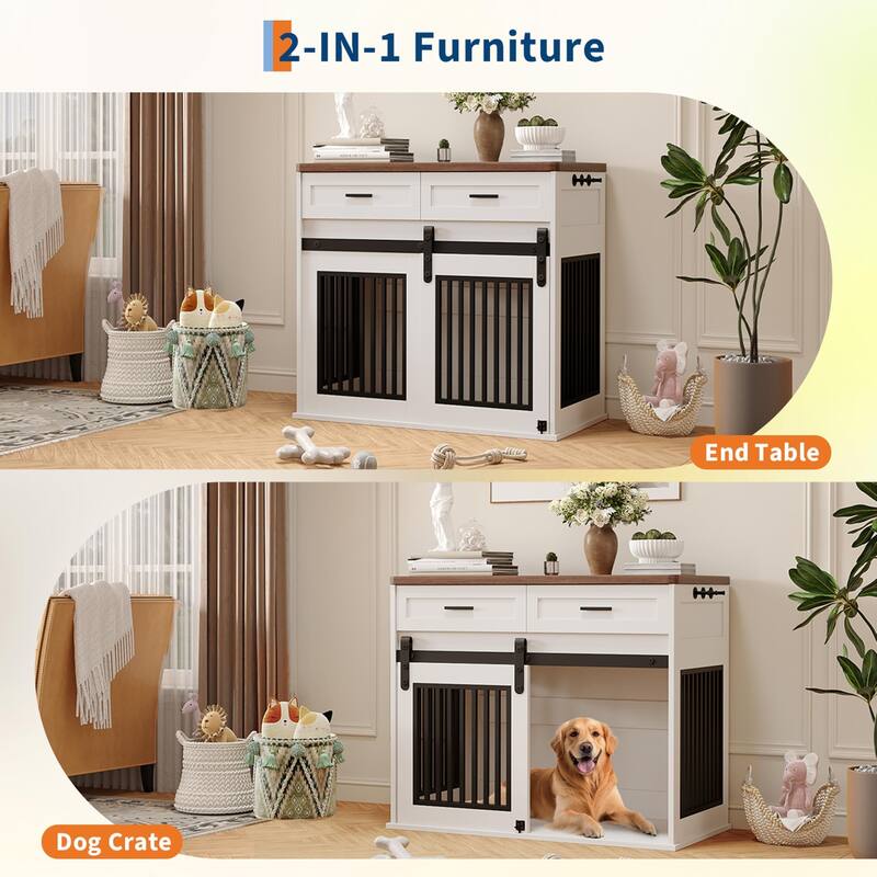 Dog Crate Furniture with Barn Door, Indoor Kennel Table with Storage - N/A
