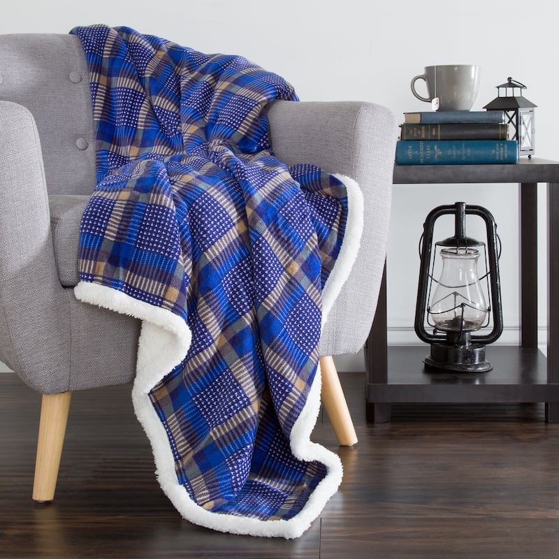 Reversible Fleece Blanket - 50-Inch x 60-Inch Machine-Washable Sherpa Throw by Windsor Home - Plaid Blue/Yellow