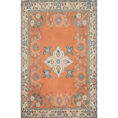 Hand Knotted Oriental 100% Wool Carpet Traditional Floral Oranges & Rust Tabriz Area Rug - 6' 10'' X 5' 0''