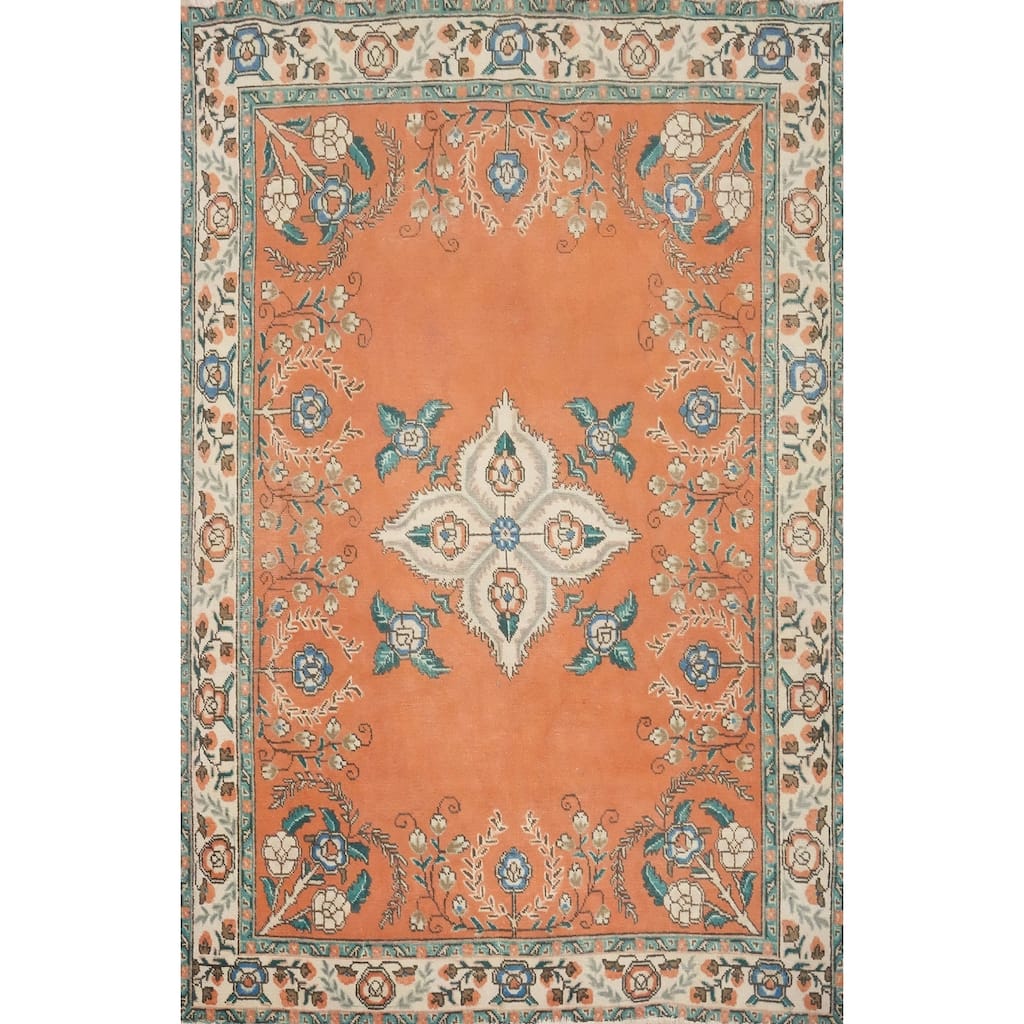 Hand Knotted Oriental 100% Wool Carpet Traditional Floral Oranges & Rust Tabriz Area Rug - 6' 10'' X 5' 0''