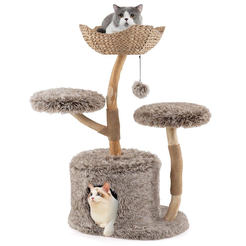 Costway Solid Wood Cat Tree with Well-woven Cattail Basket Luxury - as pic shows - See Details - as pic shows - See Details
