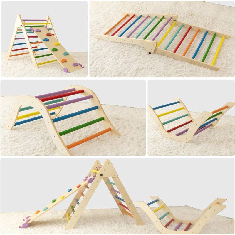 7 in 1 Pikler Triangle Gym, Montessori Foldable Wooden Climber with Ramp
