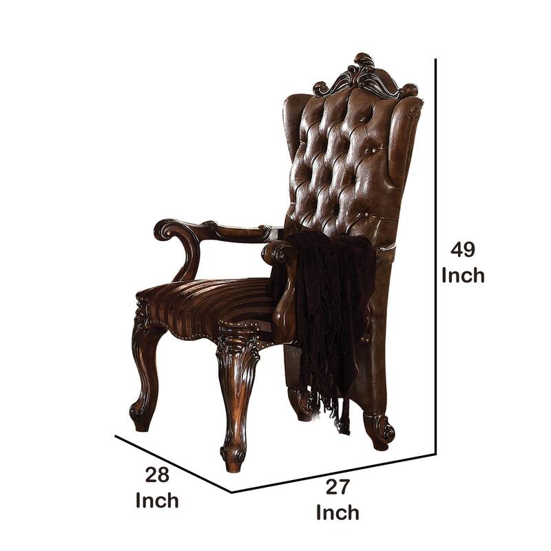 Wooden Arm Chair with Button Tufted Backrest and Carved Details, Set of 2, Brown