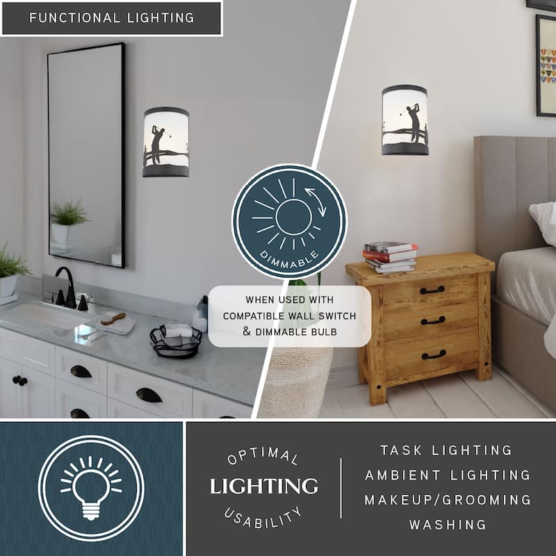 Links 1-Light 8 in. Black Indoor-Outdoor Golfer Flush Mount Wall Sconce, Glass Shade, Dimmable, Wall Sconce Fixture