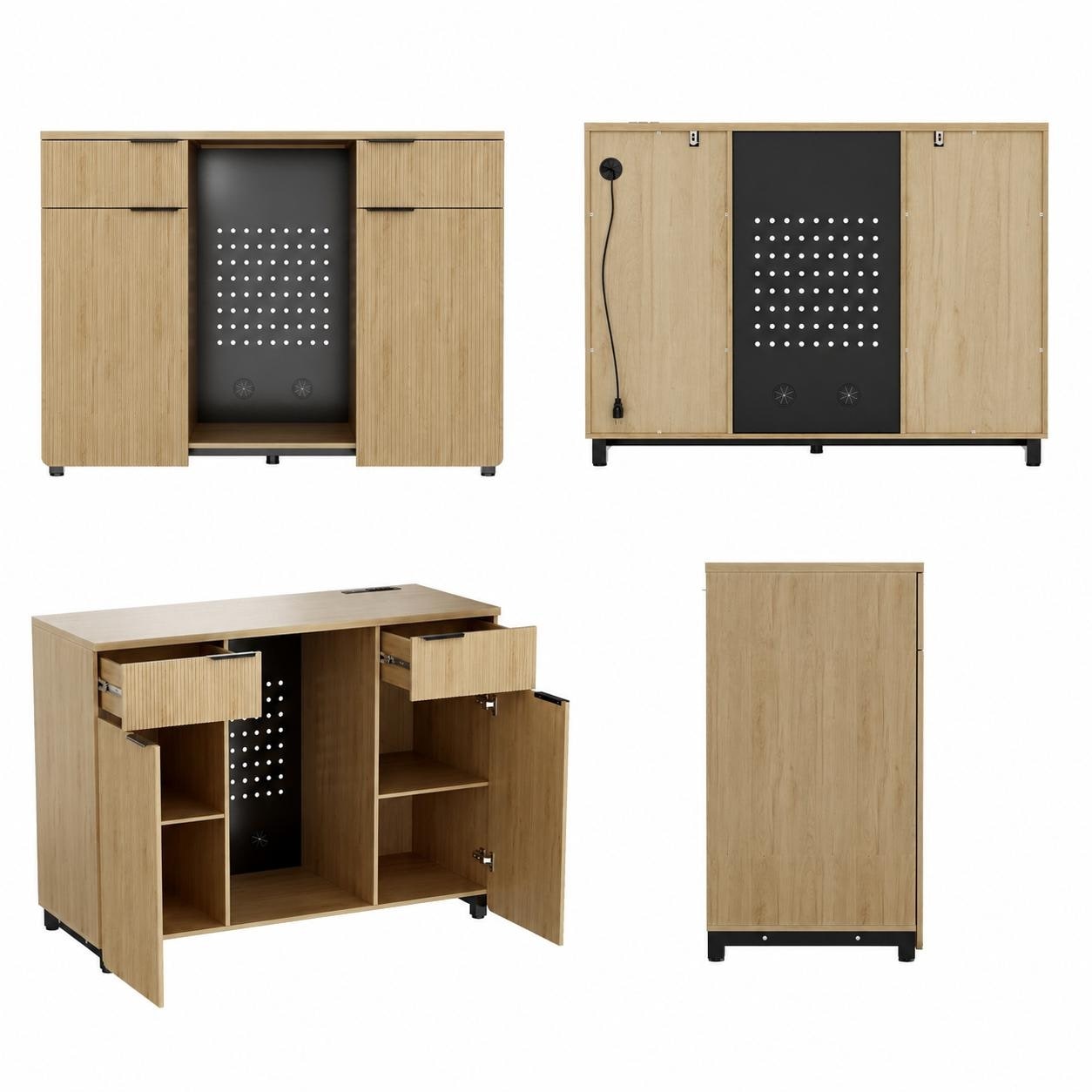 Fluted Mini Fridge Sideboard Buffet Table Cabinet with Power Outlet UL Certified & Adjustable Feet