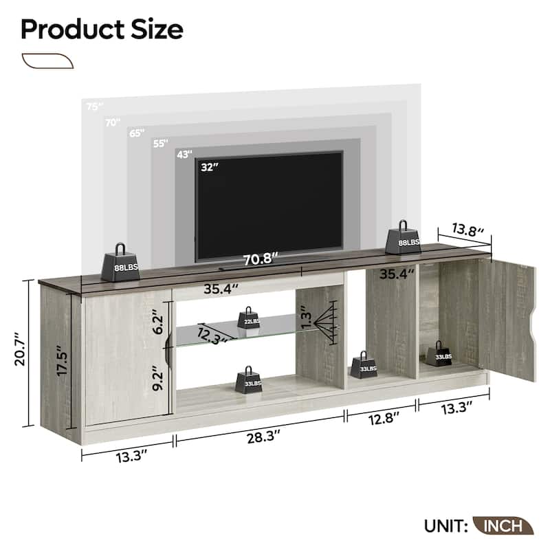 Bestier 70" TV Stand for TV, LED Gaming Entertainment Center with Storage Cabinet and Adjustable Tempered Glass Shelf