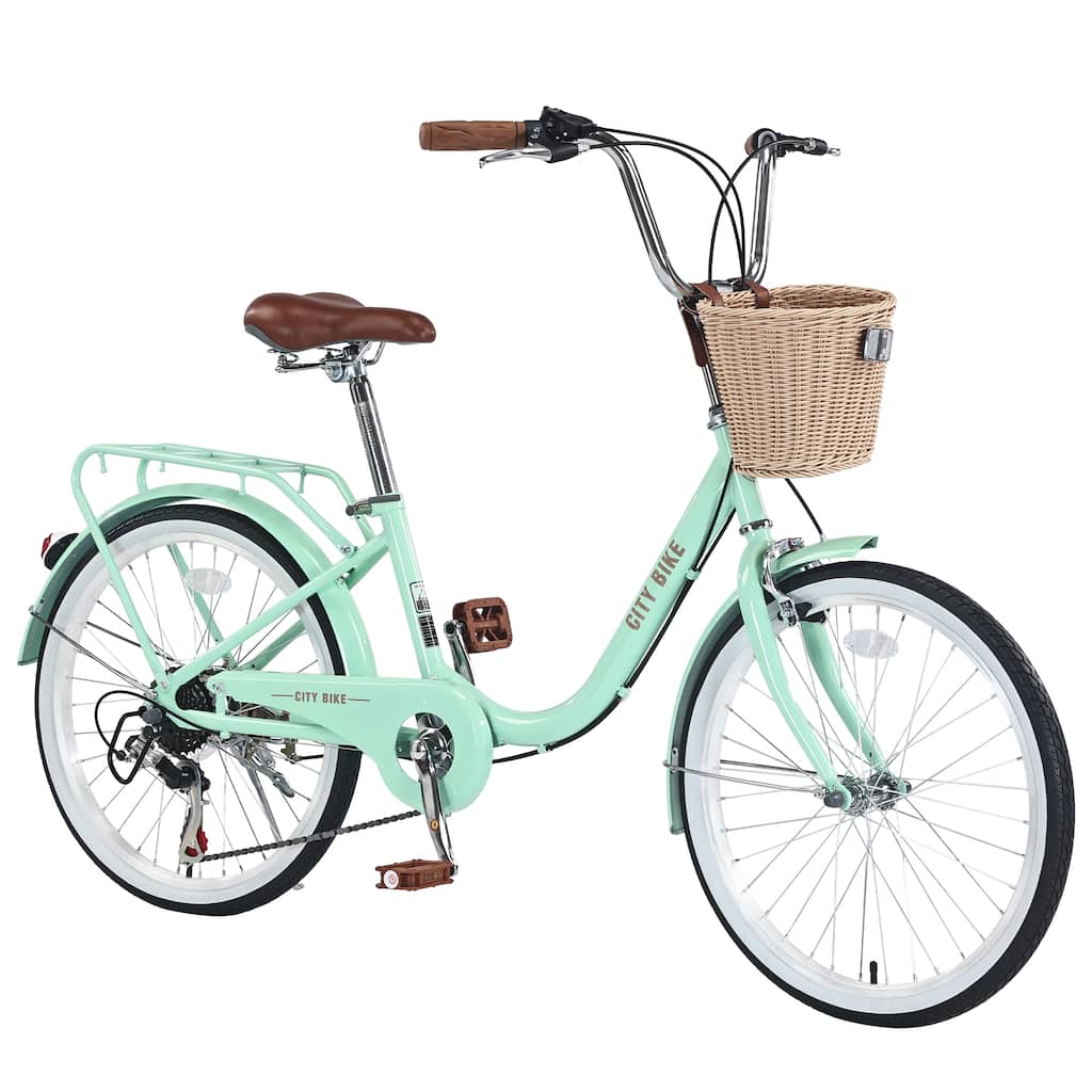 7 Speed City Bike With Basket,Steel Frame,Multiple Colors 22 Inch Girls Bicycle