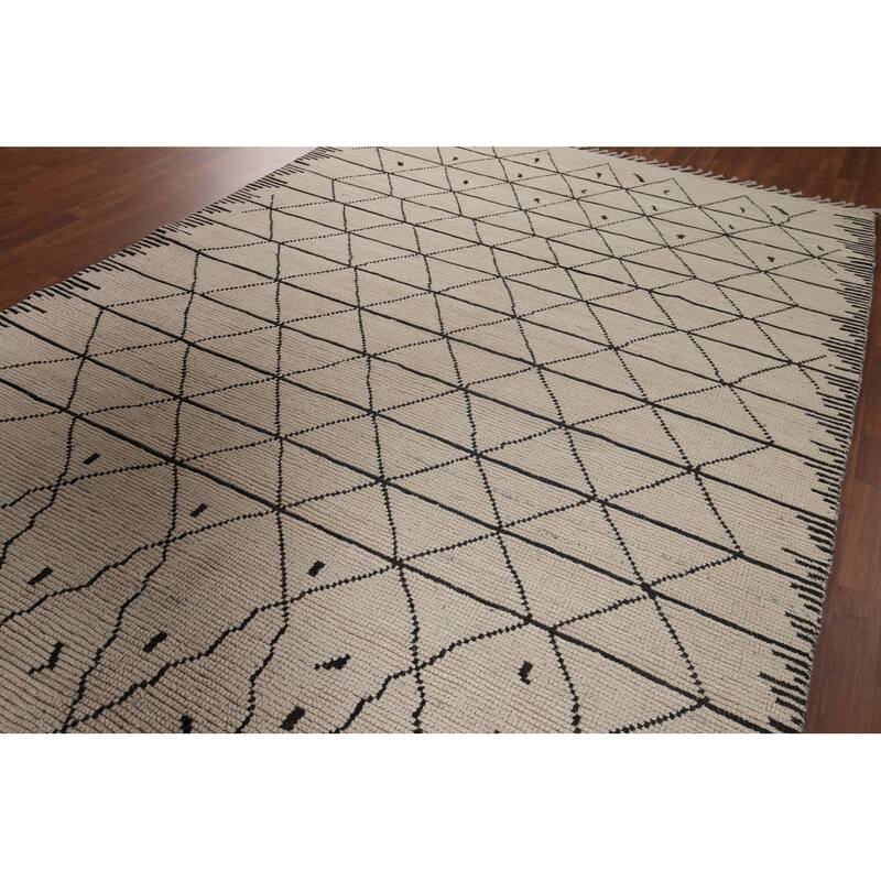 Trellis Moroccan Area Rug Hand-Knotted Oriental Beige Wool Carpet - 6'11"x 10'3"