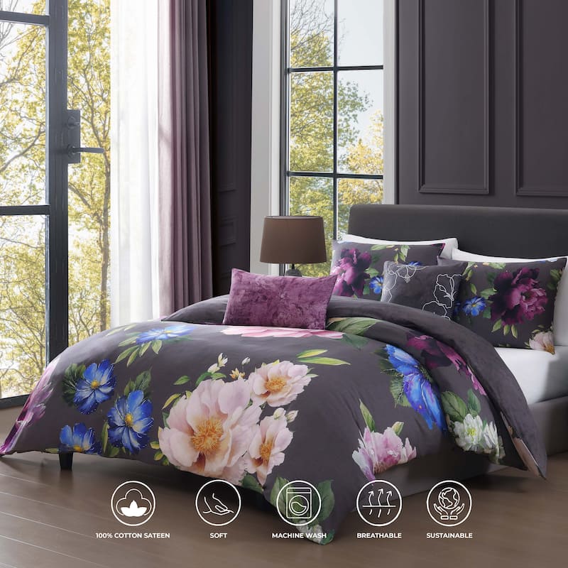 Bebejan Elegant Blossoms 200 Thread Count 100% Cotton Sateen 5 Piece Reversible Comforter Set