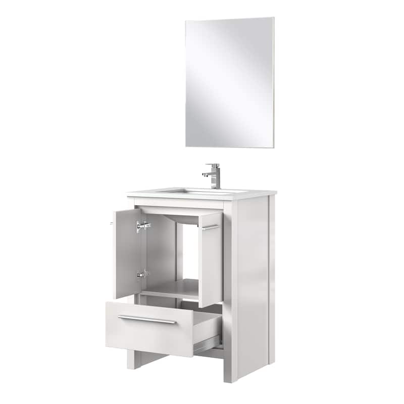 Lafarre Bath Vanity, White Quartz Top, Chrome Faucet Set and Mirror