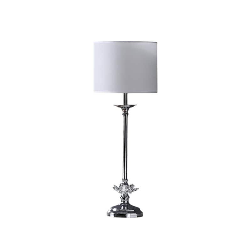 Silver Metal Candlestick Lamp with White Linen Shade and Faux Crystal Accent - 9.5” x 9.5” x 25.5” (D x W x H)
