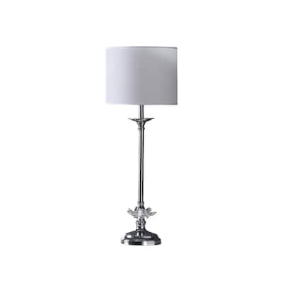 Silver Metal Candlestick Lamp with White Linen Shade and Faux Crystal Accent - 9.5” x 9.5” x 25.5” (D x W x H)