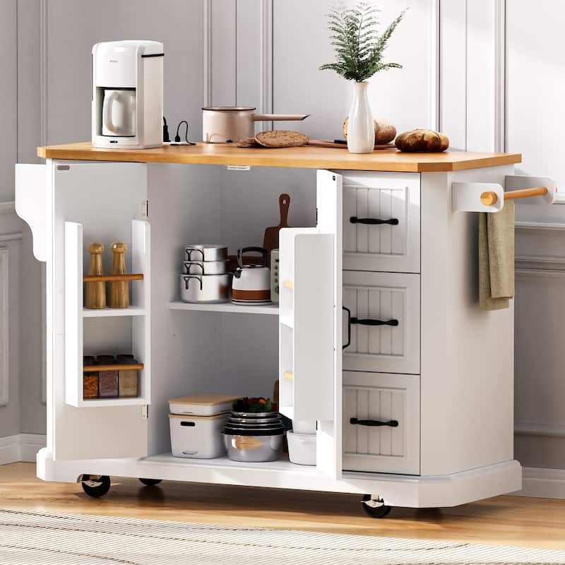 Farmhouse Kitchen Island with Drop Leaf & Power Outlet, 56" Folding Kitchen Table with 6 Drawers and 4 Shelves, Towel Rack