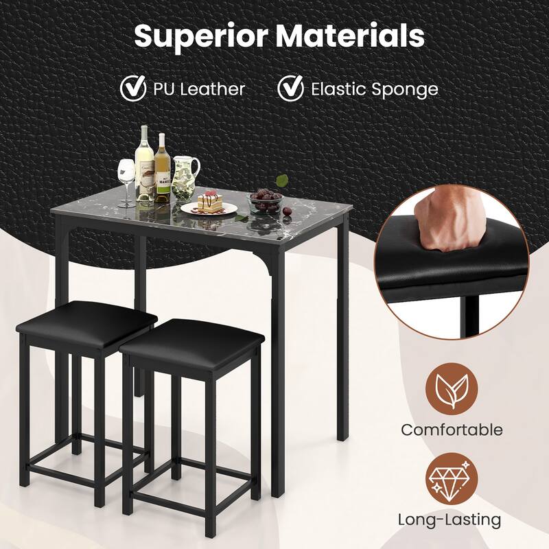 Gymax 3 PCS Counter Height Dining Set Faux Marble Table & 2 Chairs