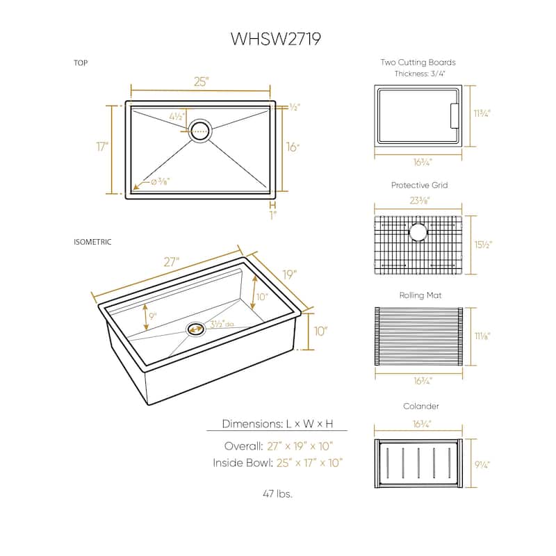 Whitehaus Undermount Single Bowl 16 Gauge Brushed Stainless Steel Workstation Sink With Accessories