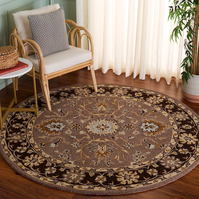 SAFAVIEH, Handmade Anatolia Patricie Traditional Oriental Hand-spun Wool Rug - 6' Round - Grey/Dark Grey