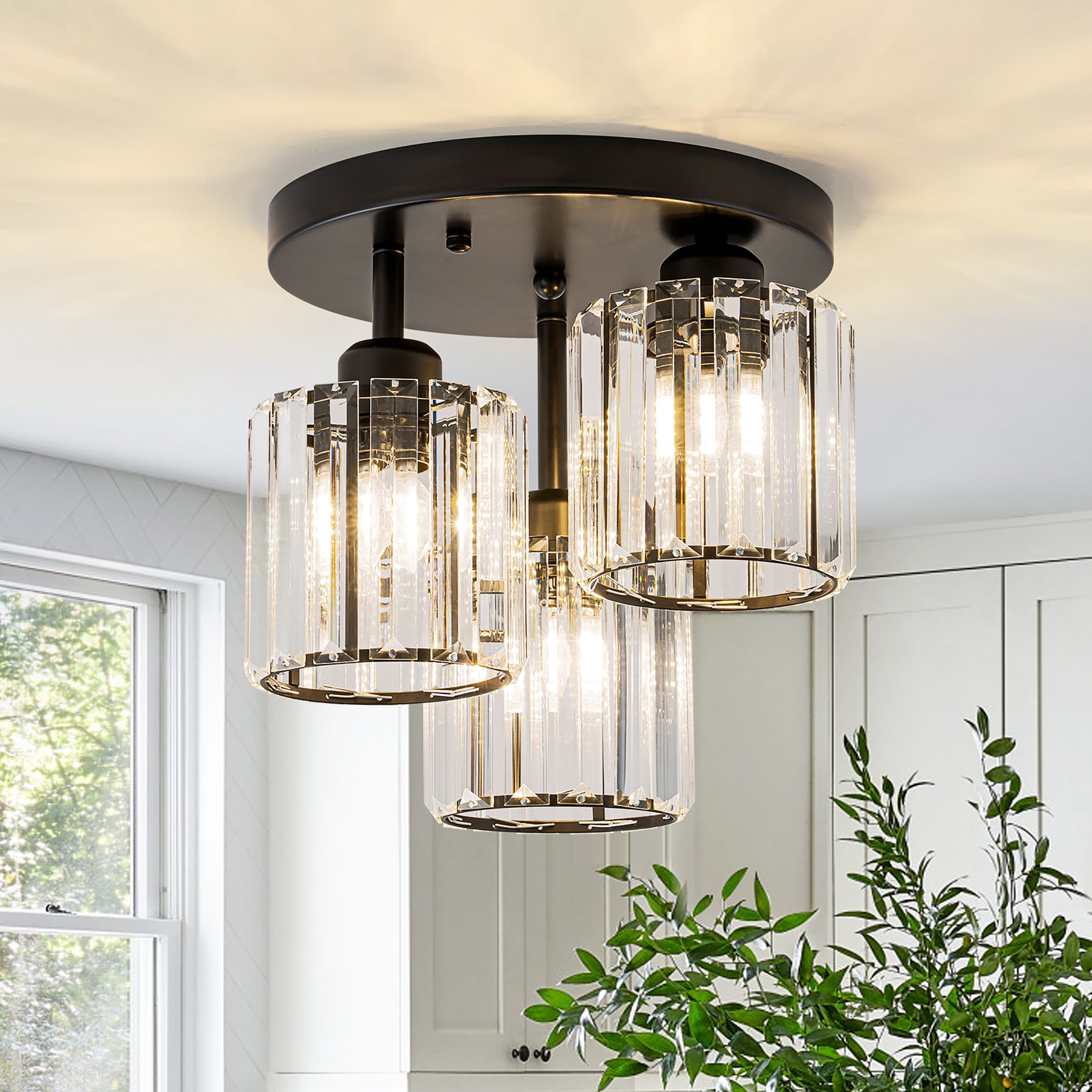 Starsky 3-Light Modern Glass Crystal Semi Flush Mount Ceiling