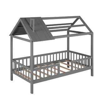 Twin Playhouse Bed with Semi-Enclosed Design & Rails