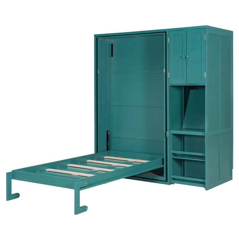 Twin Size Rotating Murphy Wall Bed with Bookshelf, Top Cabinet, Modern Foldable Cabinet Bed with Extendable Desk, Side Storage