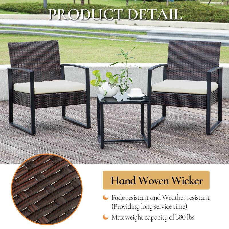 3-PC Outdoor Wicker Conversation Set w/ 2 Cushions, Glass Coffee Table