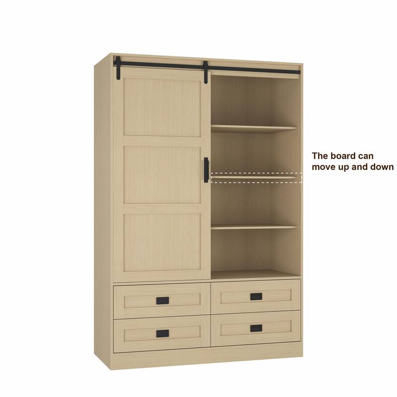 Tall Bedroom Armoire Wardrobe Closet with Hanging Rod, Barn Door, Drawers, and Open Shelves