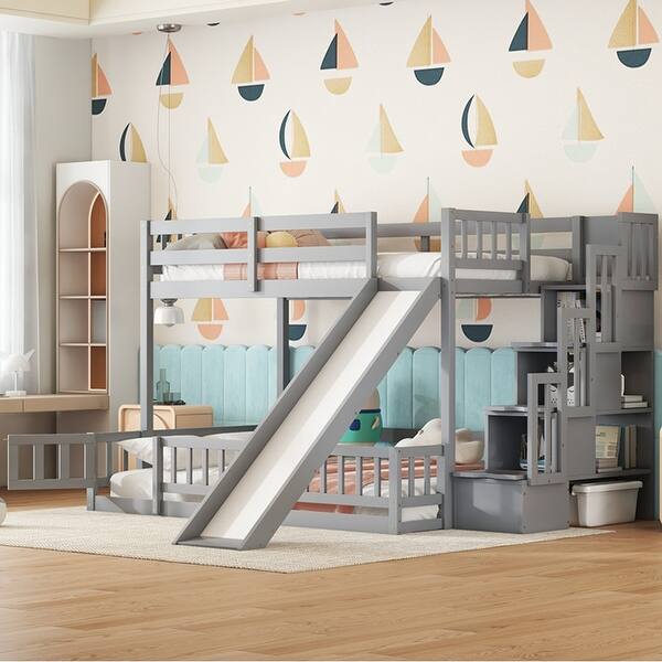 slide 2 of 9, Twin over Full Bunk Bed with Slide and Storage Staircase, Wooden Bunk Bed with Safety Guardrails Grey