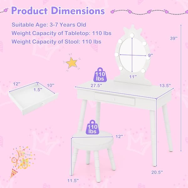 dimension image slide 2 of 3, Kids Vanity Table Set with Lighted Mirror and Storage Drawer - 27.5” L x 13.5” W x 39” H