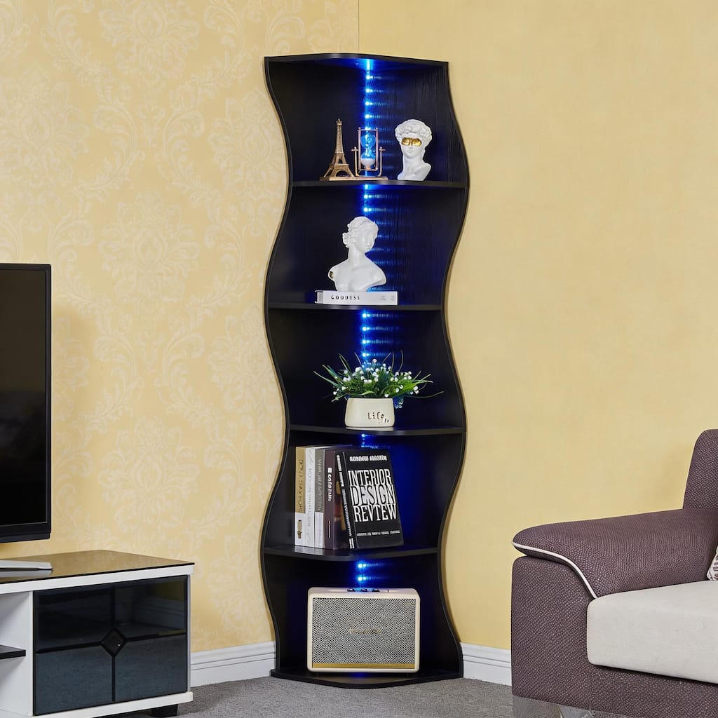 Javlergo 5-Tier Corner Bookshelf with LED Light Strip Seagrass Wave Design Tall Corner Bookcase with Lights for Living Room