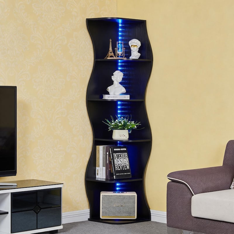 Javlergo 5-Tier Corner Bookshelf with LED Light Strip Seagrass Wave Design Tall Corner Bookcase with Lights for Living Room - Black