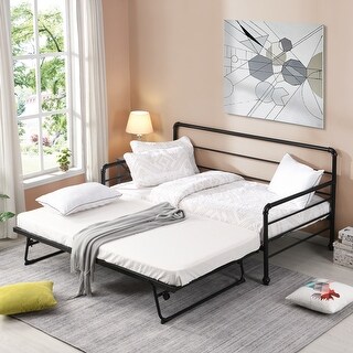 Industrial Style Twin Size Daybed with Adjustable Pop Up Trundle and Heavy-Duty Steel Metal Bedframe