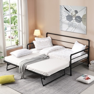 Twin Size Daybed with Adjustable Pop Up Trundle, Heavy-Duty Steel Metal ...