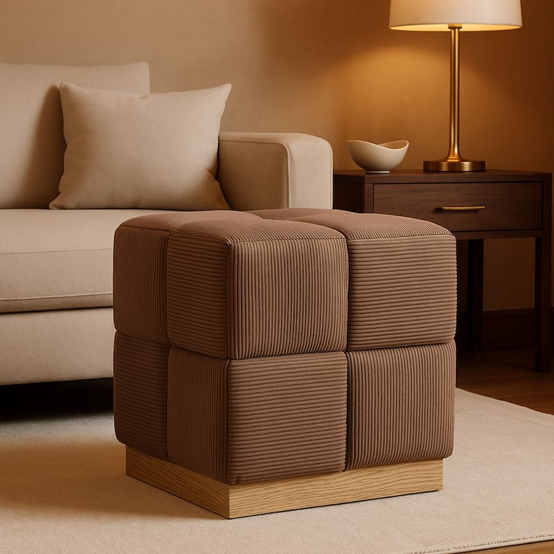 Esme Checker Weave Corduroy Accent Stool with Soft Fabric