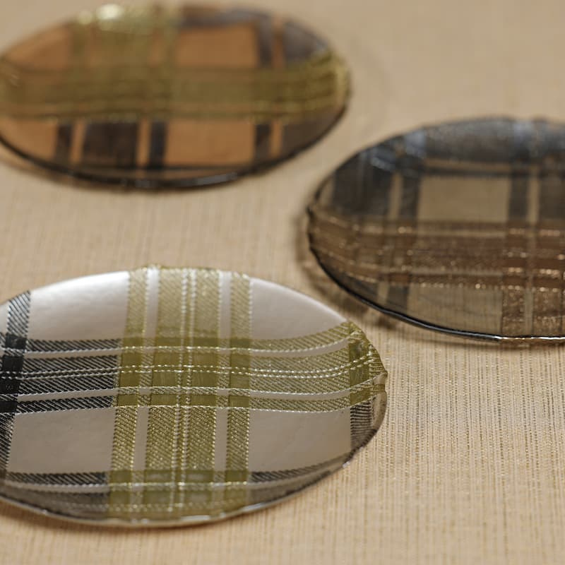 Plaid Patterned Glass Dessert Plates, 3-Piece Assorted Set