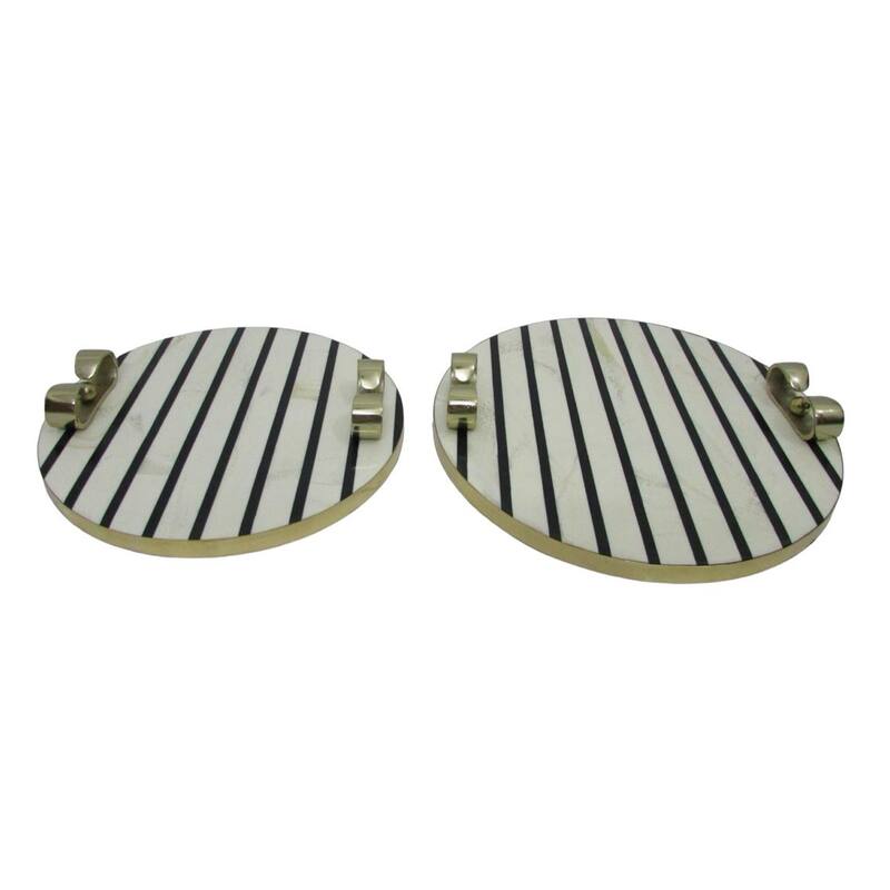 Resin Trays Round Striped with Bow Handles (Set of 2) - 3" Cream - 14" x 14" x 2.5"