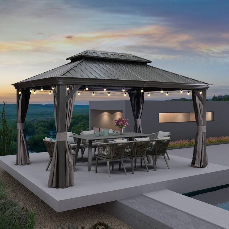 PURPLE LEAF Outdoor Galvanized Steel Hardtop Gazebo, Aluminum Frame Gazebo With Curtains and Light - 10ft x 14ft