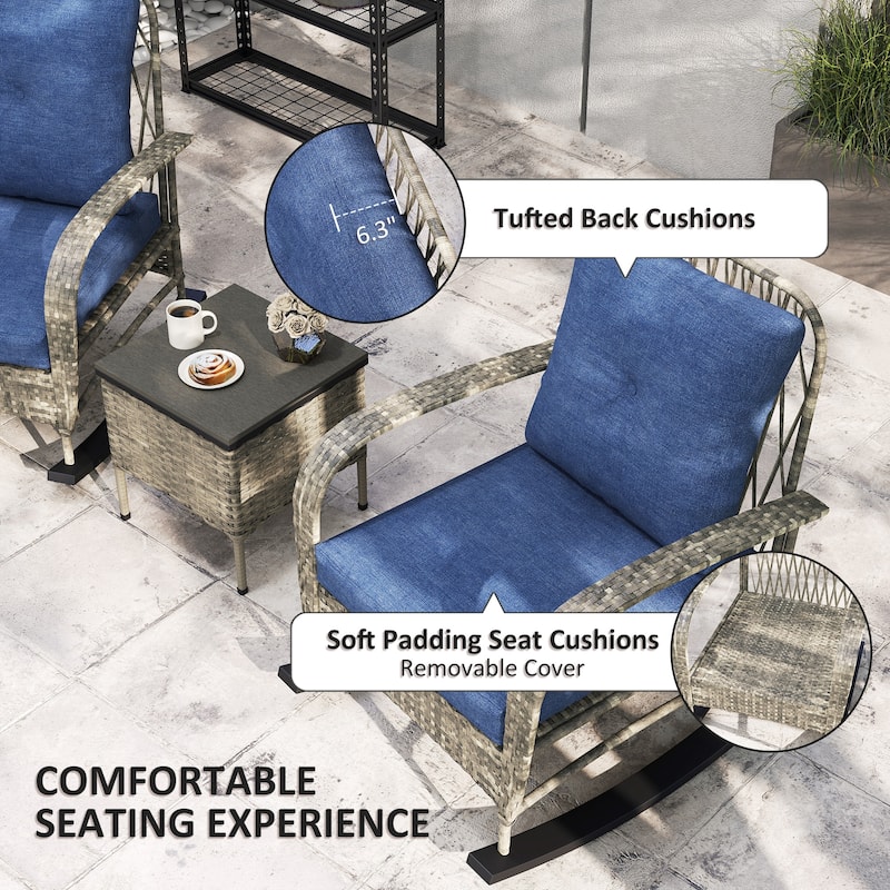 3-Piece Garden Furniture Set with Tufted Cushions Rocking Chairs and Table for Patio - Chair-29.3" W x 33.1" D x 39" H