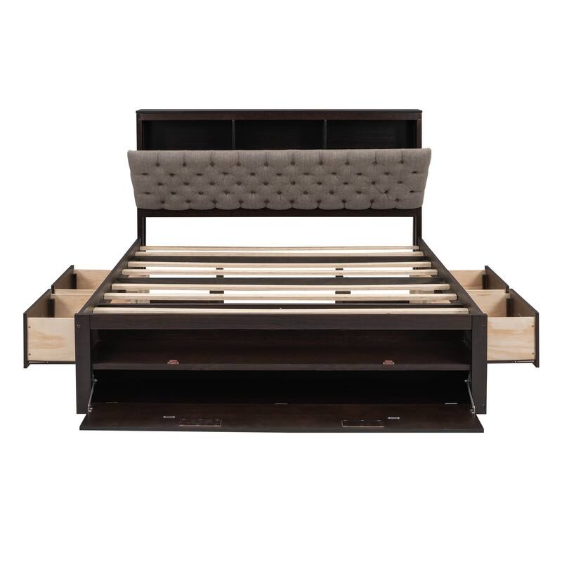 Queen Size Wood Platform Bed with Storage Headboard, Storage Shelves and 2 Drawers