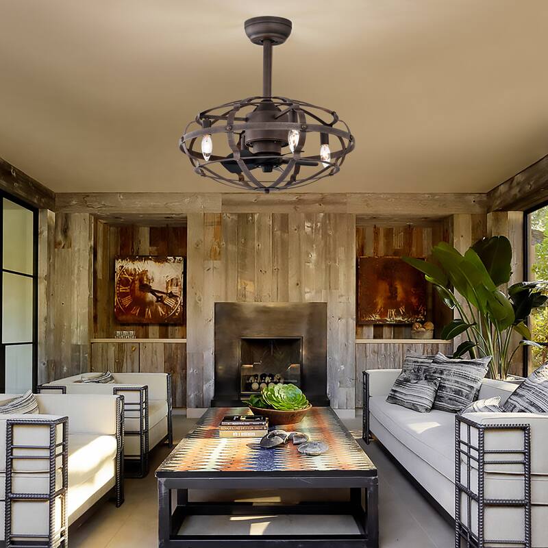 Cusp Barn Modern Enclosed Caged Ceiling Fan with Remote Control, Farmhouse Bladeless Rust Industrial Light Fixture for Bedroom