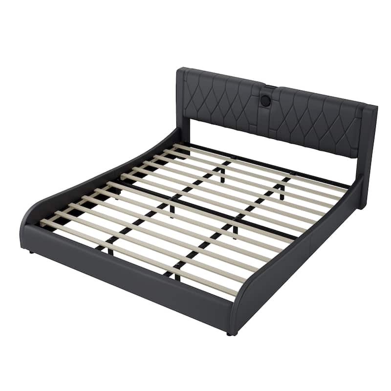 King Size Faux Leather Upholstered Platform Bed with RGB LED Lights, Bluetooth Speakers, Thickened Headboard