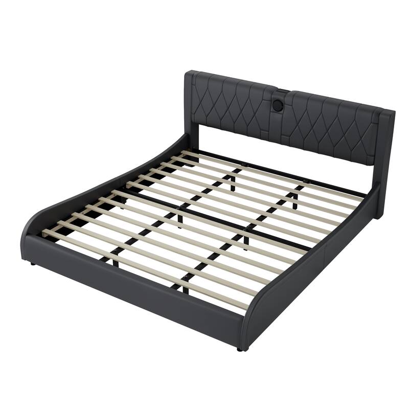 Luxurious Faux Leather Upholstered Platform Bed with Thickened Headboard, tooth Speakers and RGB LED Light