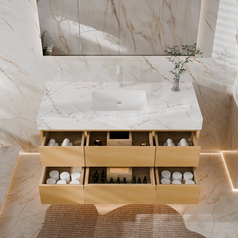 Modland 48" Wall-Mount Bathroom Vanity with 6 Soft-Close Drawers, LED Lighting & Marble Top - 48 inch