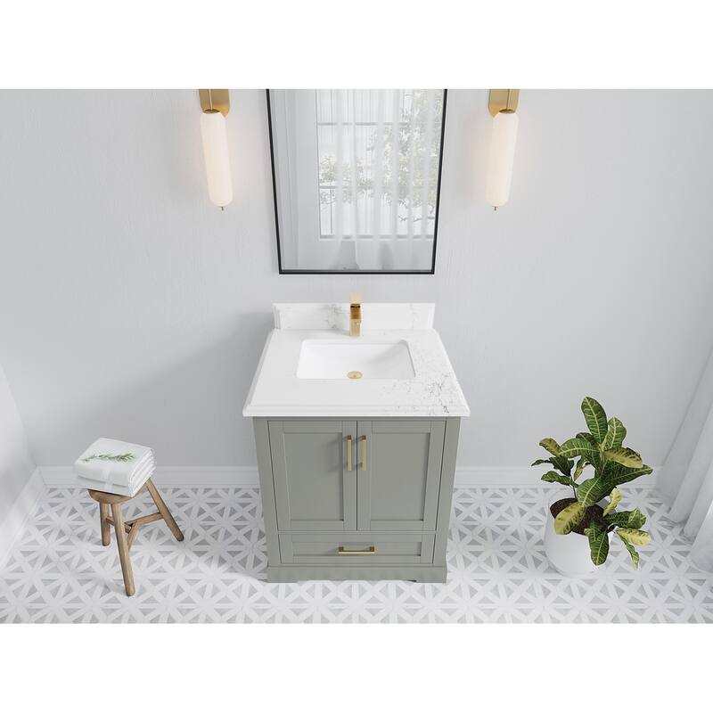 Willow Collection 30 in W x 22 in D x 36 in H Reeded Boston Single Bowl Sink Bathroom Vanity with Quartz or Marble Countertop - 1.5"Empira - Evergreen