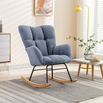Light Blue Teddy Modern 31.5" High Back Upholstered Buttons Tufted Rocking Chair with Solid Wood Legs and Metal Base
