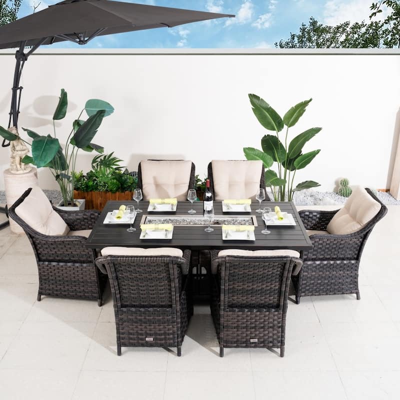 7-piece Aluminum Fire Pit Table and Wicker Chairs Set for Outdoor - Brown