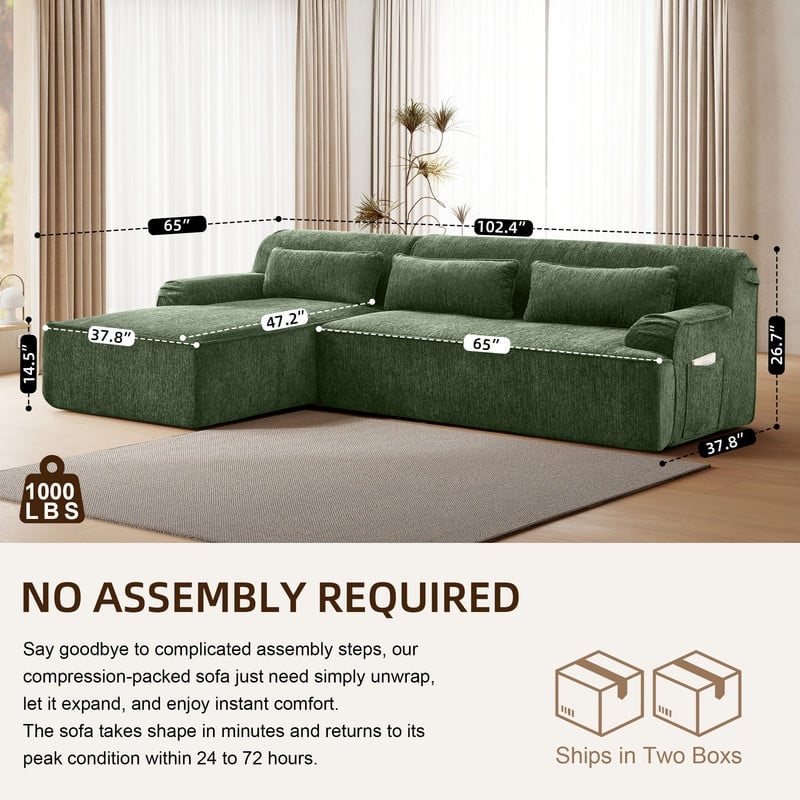 Rossetta Mnimalist Design L-Shape Chenille Sectional Oversized Sofa, Left Facing
