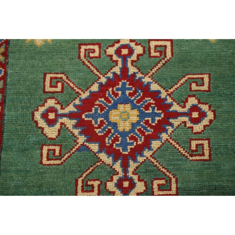 Green Geometric Kazak Runner Rug Handmade Wool Carpet - 2'8" x 16'2"