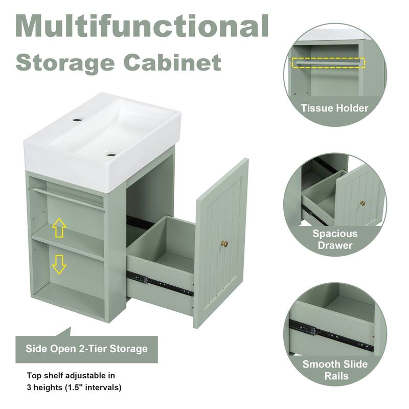20" Bathroom Vanity with Ceramic Sink - Soft Close Door, Drawer & Side Shelf, Space-Saving MDF Cabinet for Small Bathrooms